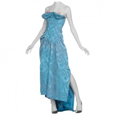 MORPHEW ATELIER Aquamarine Blue Rayon & Silk Damask Strapless Asymmetrical Gown