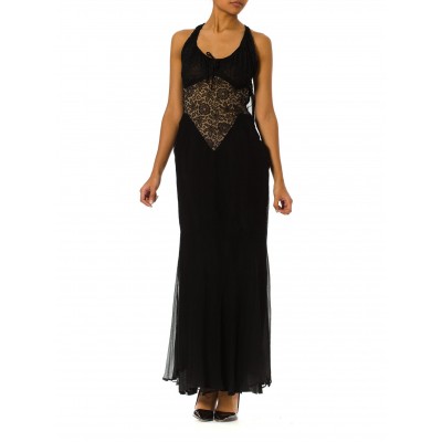 MORPHEW ATELIER Black Sheer Silk Chiffon & 1930S Lace Backless Gown