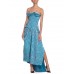 MORPHEW ATELIER Aquamarine Blue Rayon & Silk Damask Strapless Asymmetrical Gown