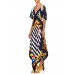 MORPHEW COLLECTION Navy Blue & White Silk Twill Stripe Versace Style Print 3-Scarf Dress