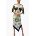 MORPHEW COLLECTION Olive Green, Navy Blue & White Silk Bird Print 2-Scarf Dress Made From Vintage Scarves