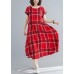 French red plaid linen cotton quilting clothes big hem Dresses summer Dresses