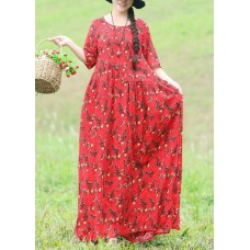 Chic o neck Half sleeve cotton linen dresses 2019 Inspiration red floral Traveling Dresses Summer