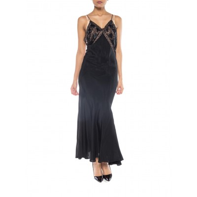 MORPHEW COLLECTION Black Bias Cut Silk Crepe De Chine Backless Gown With Edwardian Beaded Lace