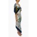 MORPHEW COLLECTION Olive Green, Navy Blue & White Silk Bird Print 2-Scarf Dress Made From Vintage Scarves