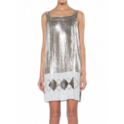 MORPHEW ATELIER Silver & White Metal Mesh Deco Patterned  Cocktail Dress With Side Slits Made From Vintage Whiting Davis