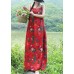 Women red floral cotton linen Tunics Organic Tutorials sleeveless daily summer Dress