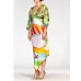 MORPHEW COLLECTION Olive Green, Orange & Red Silk Floral Geo Dress With Swan Print