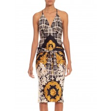 MORPHEW COLLECTION Black, White & Gold Silk Twill Status Print Scarf Dress Made From Vintage Scarves