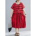 French o neck pockets Cotton dresses Boho Shape red striped shift Dresses Summer