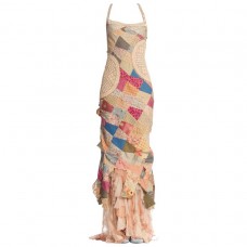 MORPHEW COLLECTION Silk & Cotton Antique Patchwork Quilt Gown With Chiffon Ruffled Train